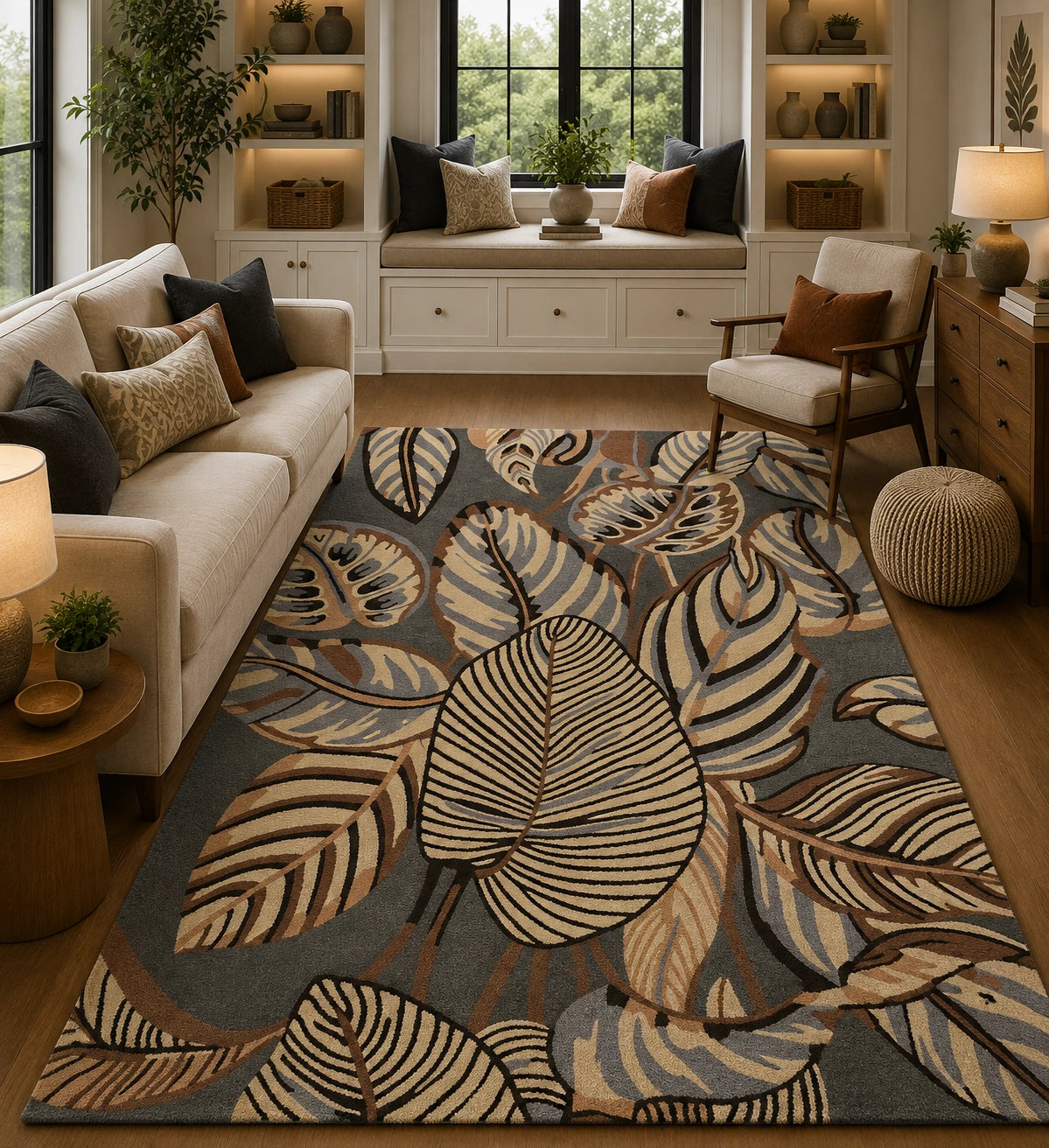Gray beige floral leaves wool rug