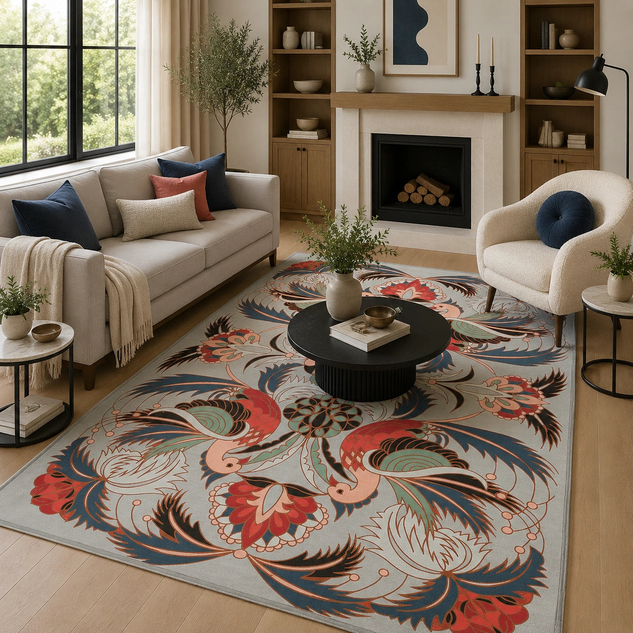 Gray bird floral rug