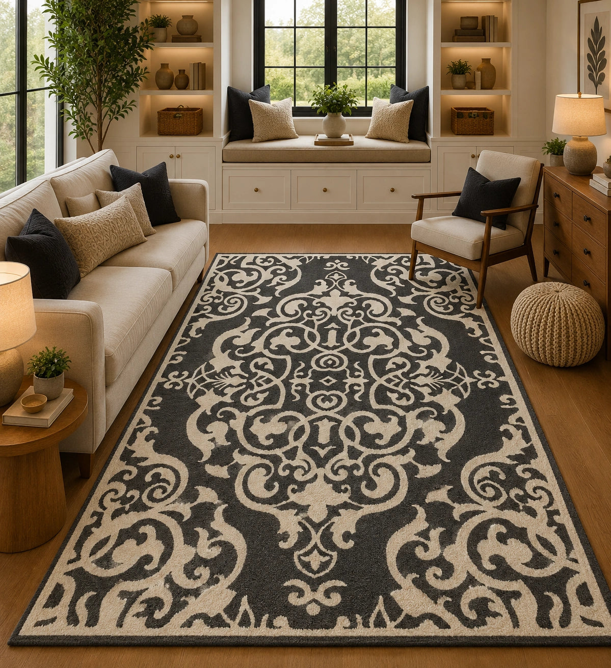 Gray white traditional wool rug