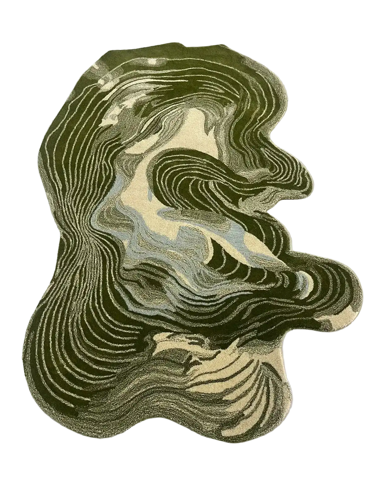 Abstract green and gray hand tufted irregular shaped rug with swirling wave-like patterns