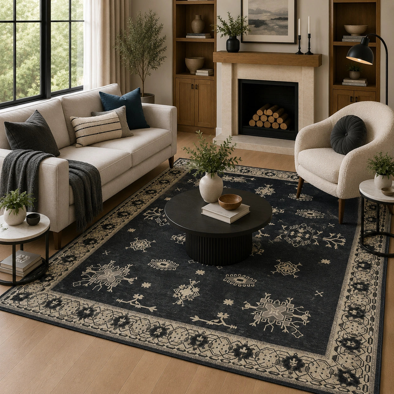 Gray tribal medallion border rug