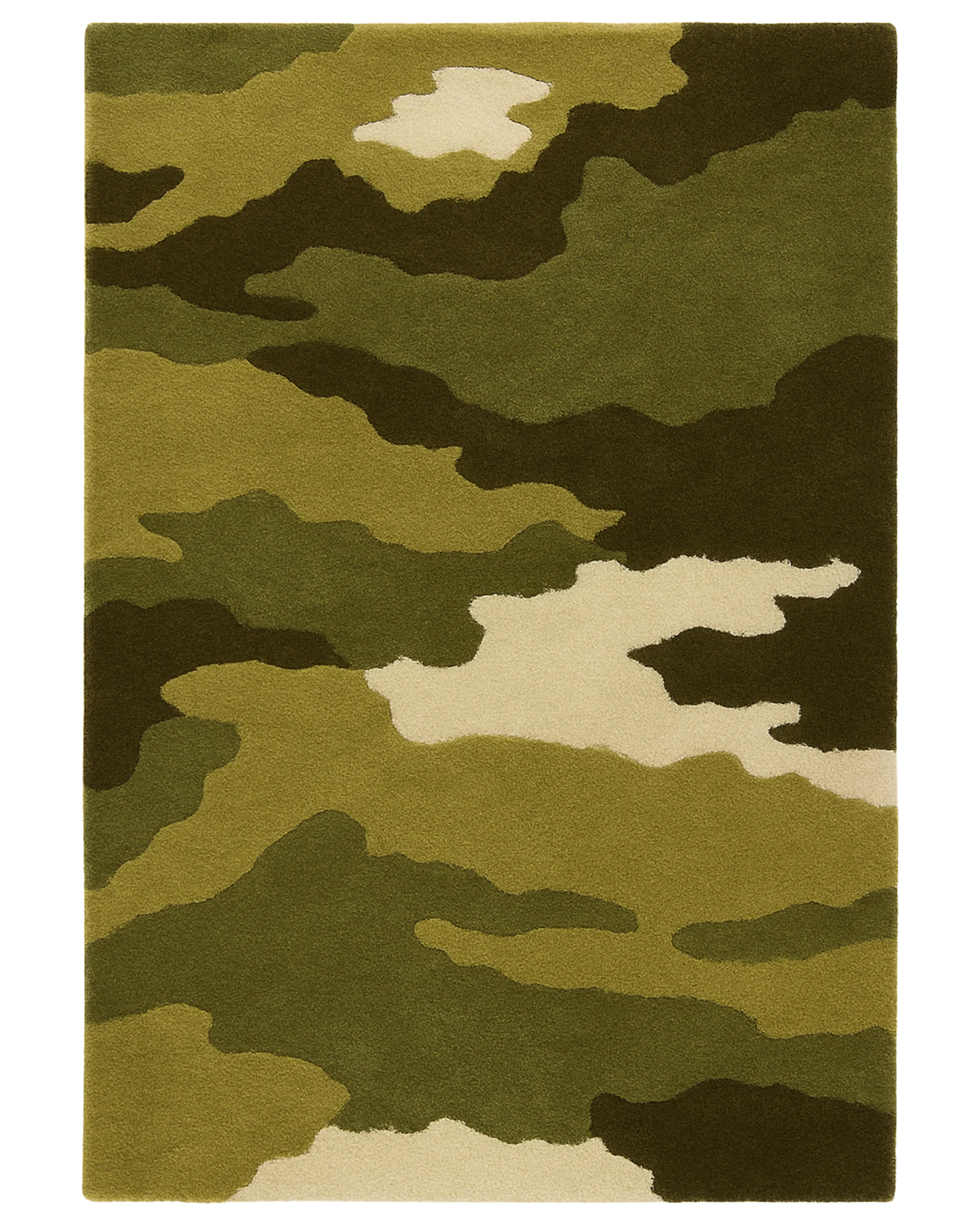 Green camouflage hand-tufted wool camo rug.