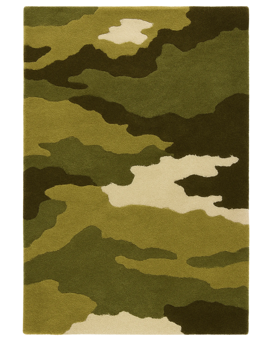 Green camouflage hand-tufted wool camo rug.
