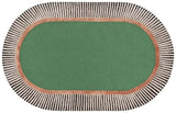 Oval green rug with peach border and black and white striped outer edge from Mannat Rugs