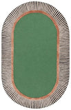 Oval green rug with pink inner border and black and white striped outer border, handwoven luxury rug