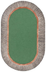 Green oval rug with striped brown, white and black border