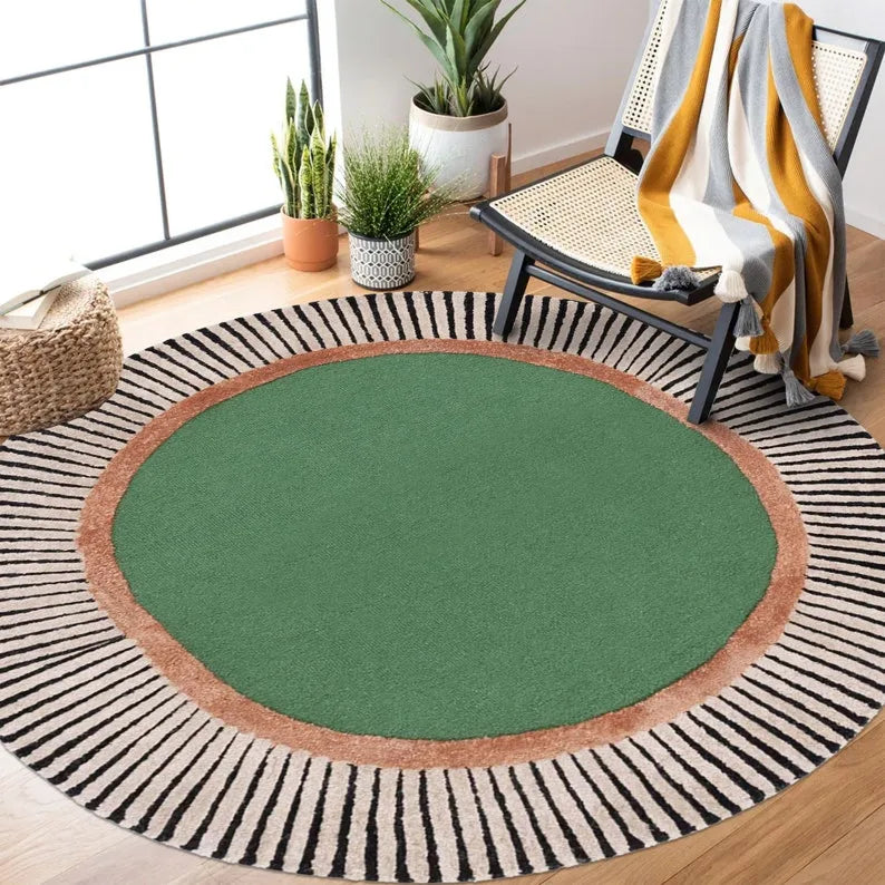 Green Stripe Border Round Rug