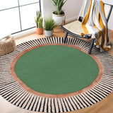 Round green area rug with brown and black striped border in modern room with chair and plants