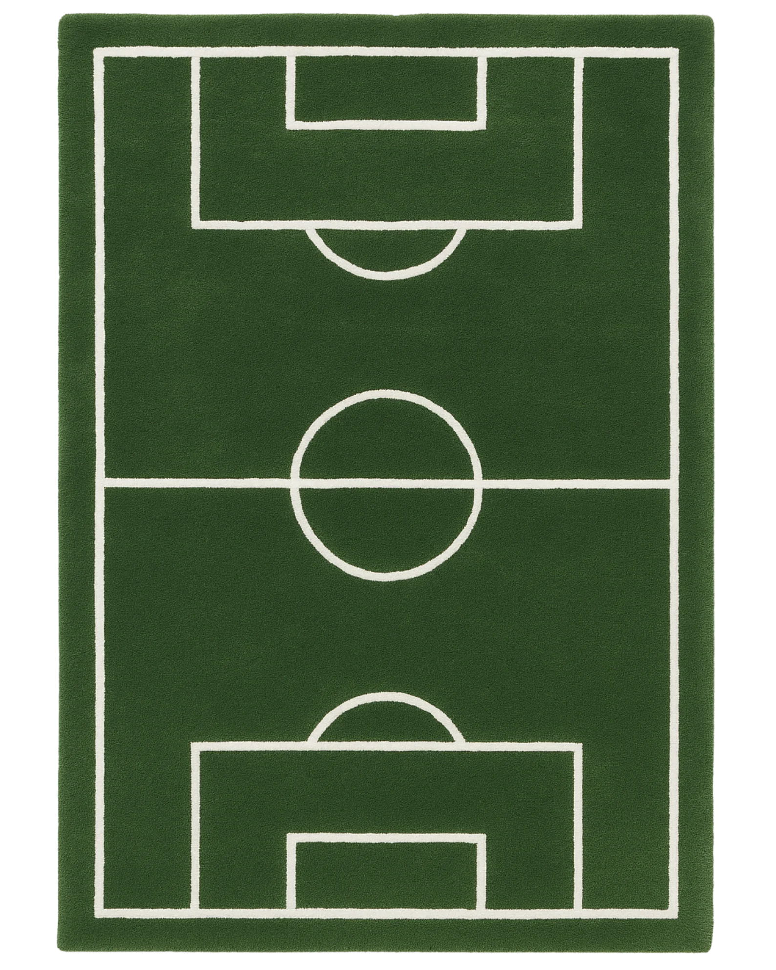 Green hand-tufted wool novelty rug with soccer field design.
