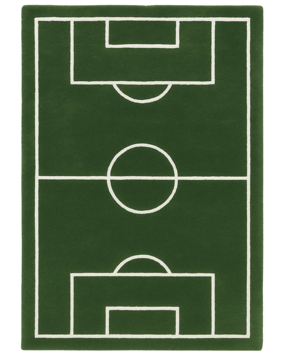 Green hand-tufted wool novelty rug with soccer field design.