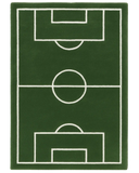 Green hand-tufted wool novelty rug with soccer field design.