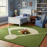 Green and beige baseball field sports-inspired hand-tufted area rug placed in a kids’ room, adding a playful, sporty, and fun-themed decor accent