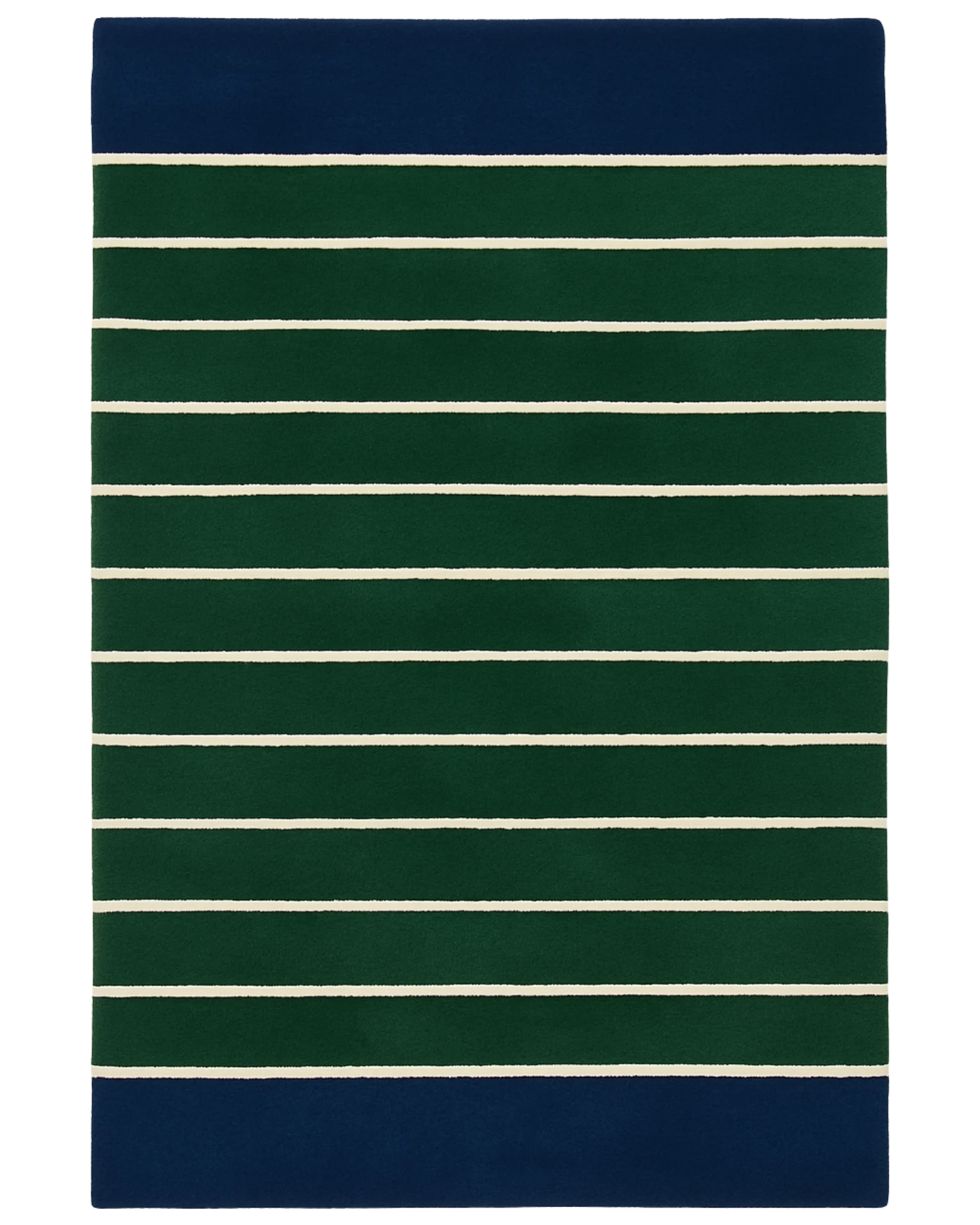 Hand-tufted wool novelty rug with green and blue striped design.