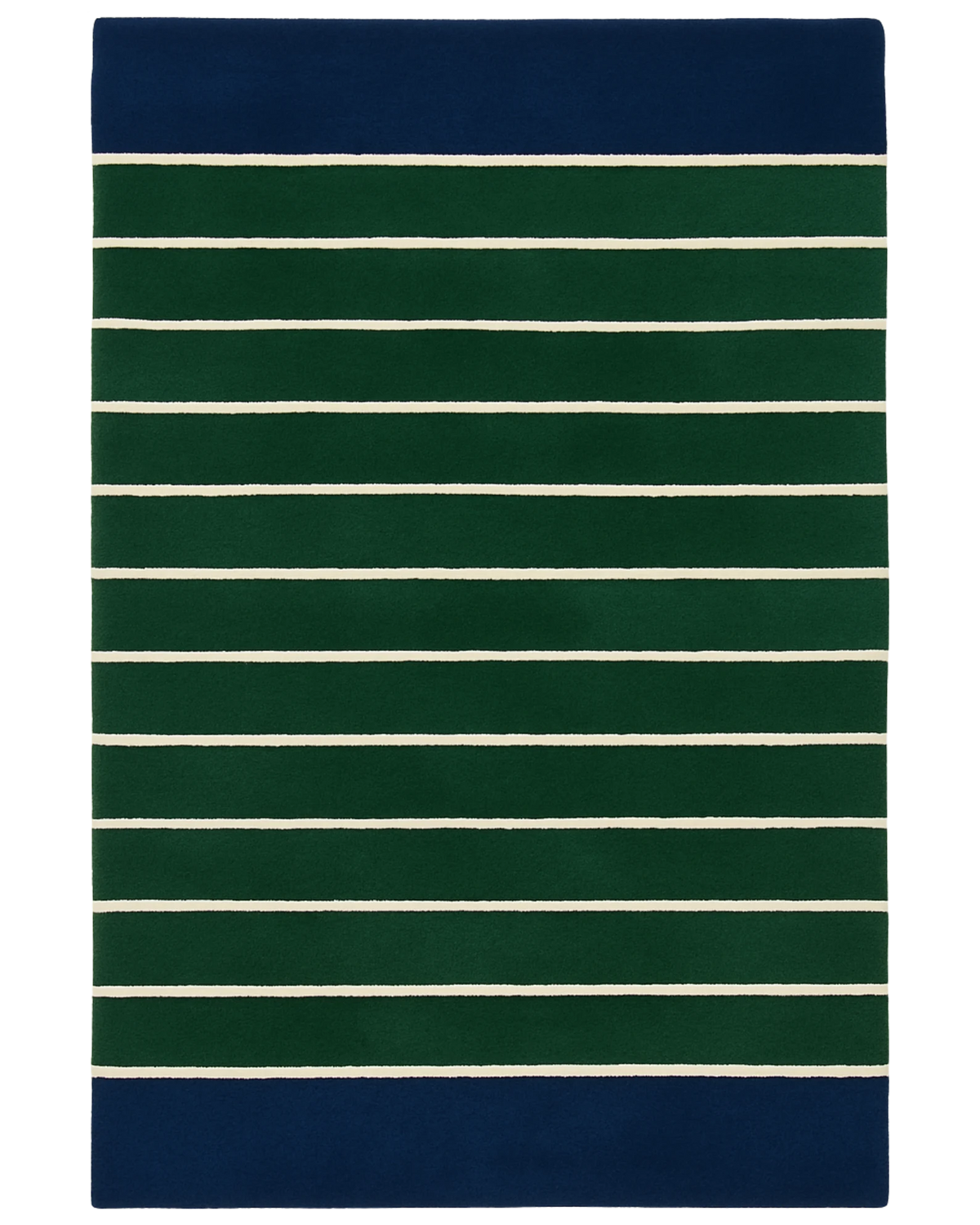 Hand-tufted wool novelty rug with green and blue striped design.