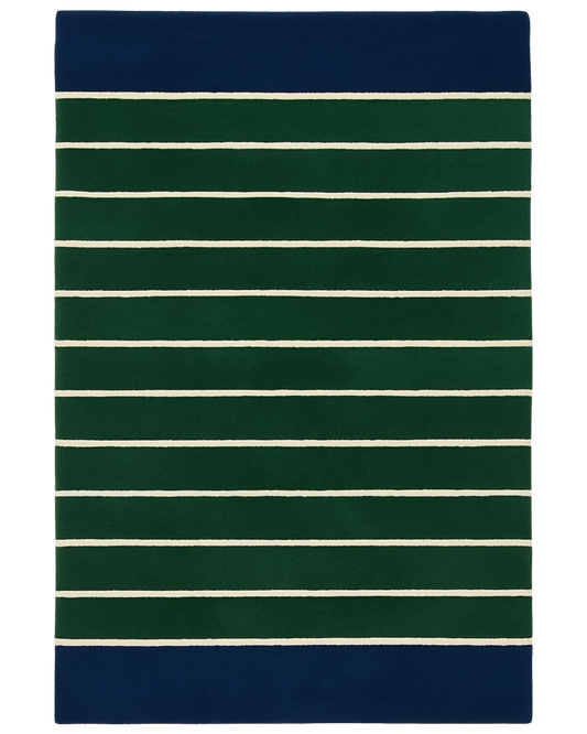 Hand-tufted wool novelty rug with green and blue striped design.