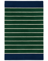 Hand-tufted wool novelty rug with green and blue striped design.
