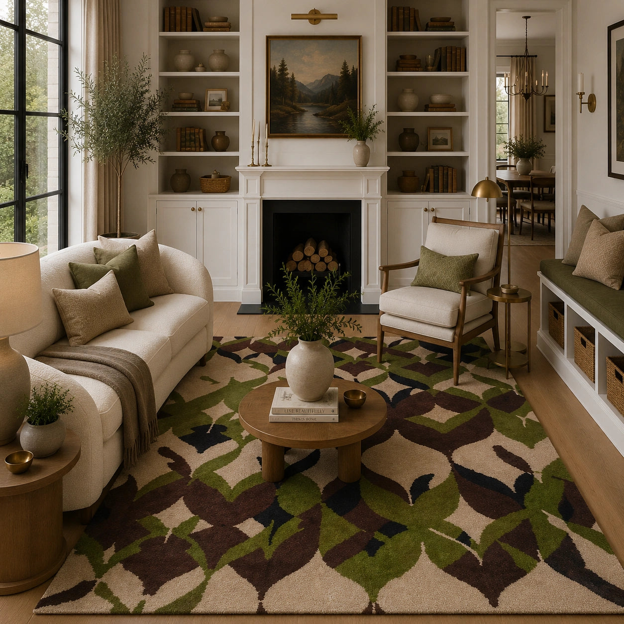 green brown leaf wool rug