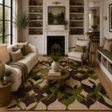 green brown leaf wool rug