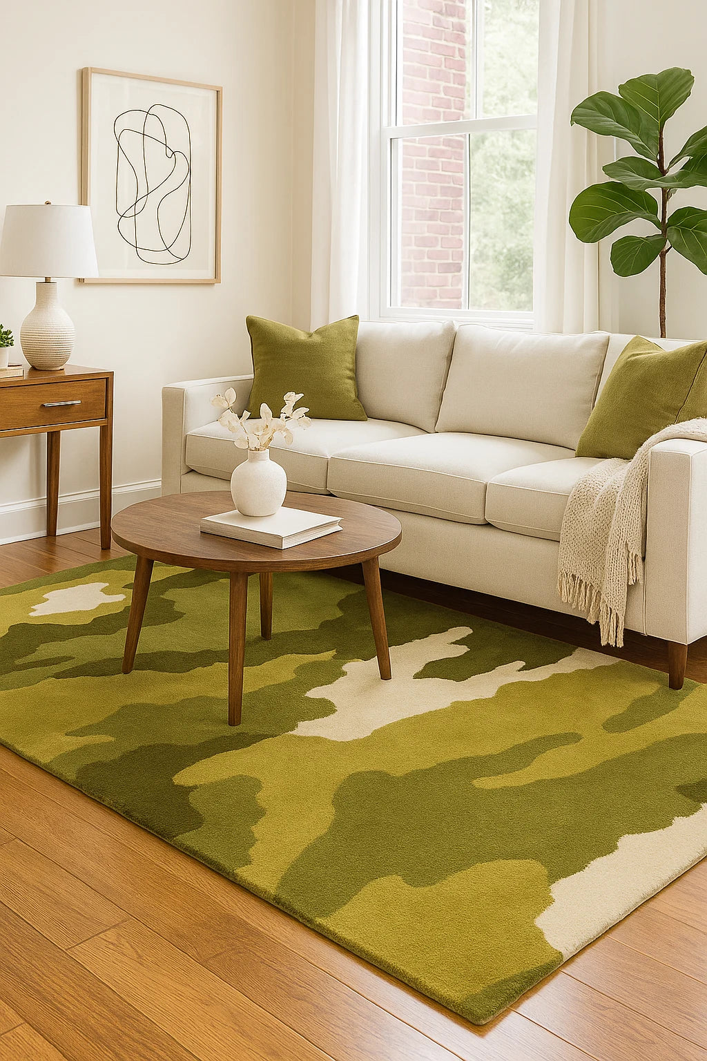 Premium wool camo rug with olive and beige tones.