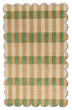 Handwoven rectangular rug with green, beige, and tan checkered pattern and scalloped edges