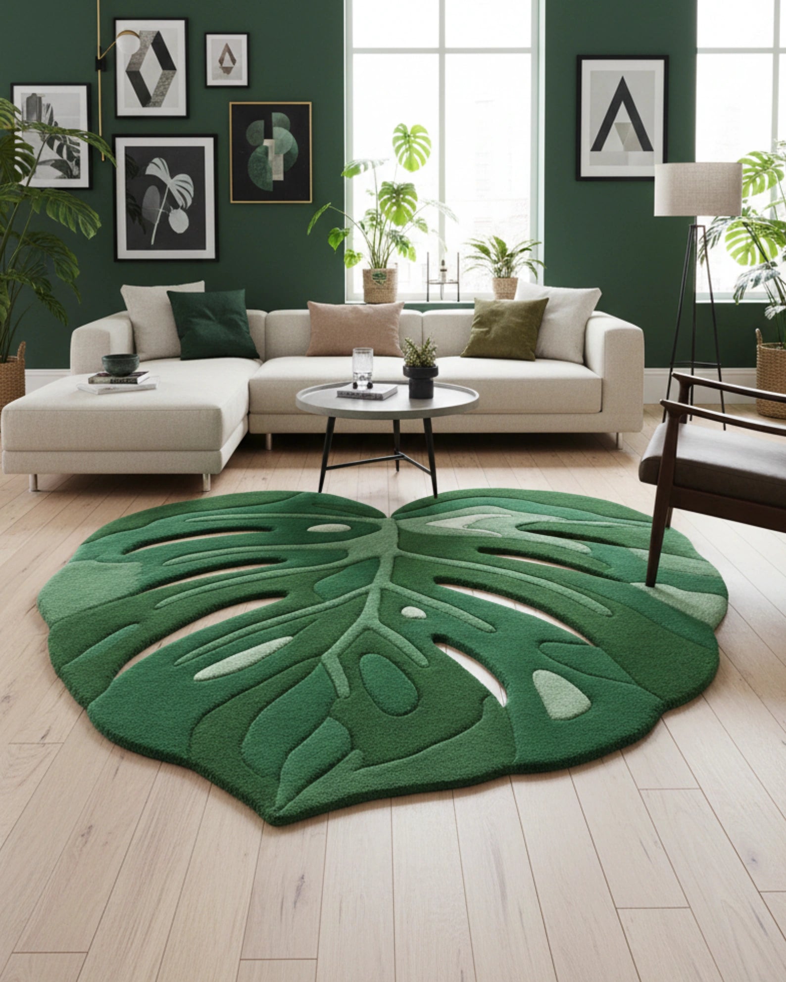 Green gradient monstera leaf–shaped irregular area rug styled in a living room, featuring layered botanical tones that add a fresh, nature-inspired focal point