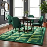 Green modern geometric cube design hand-tufted area rug placed in a dining room, adding a bold, structured, and contemporary decor accent