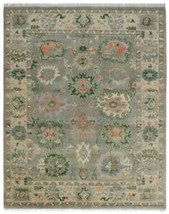 Hand-knotted green Oriental rug with floral medallion design