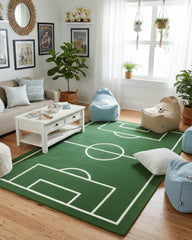 Green soccer field novelty area rug, hand-tufted design placed in a modern living room, featuring detailed field markings and a vibrant sports-inspired look