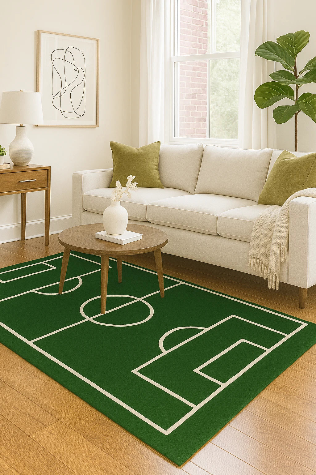 Sports-themed hand-tufted wool rug for kids’ rooms.