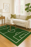 Sports-themed hand-tufted wool rug for kids’ rooms.