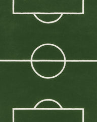 Premium wool soccer field novelty rug in green and white.