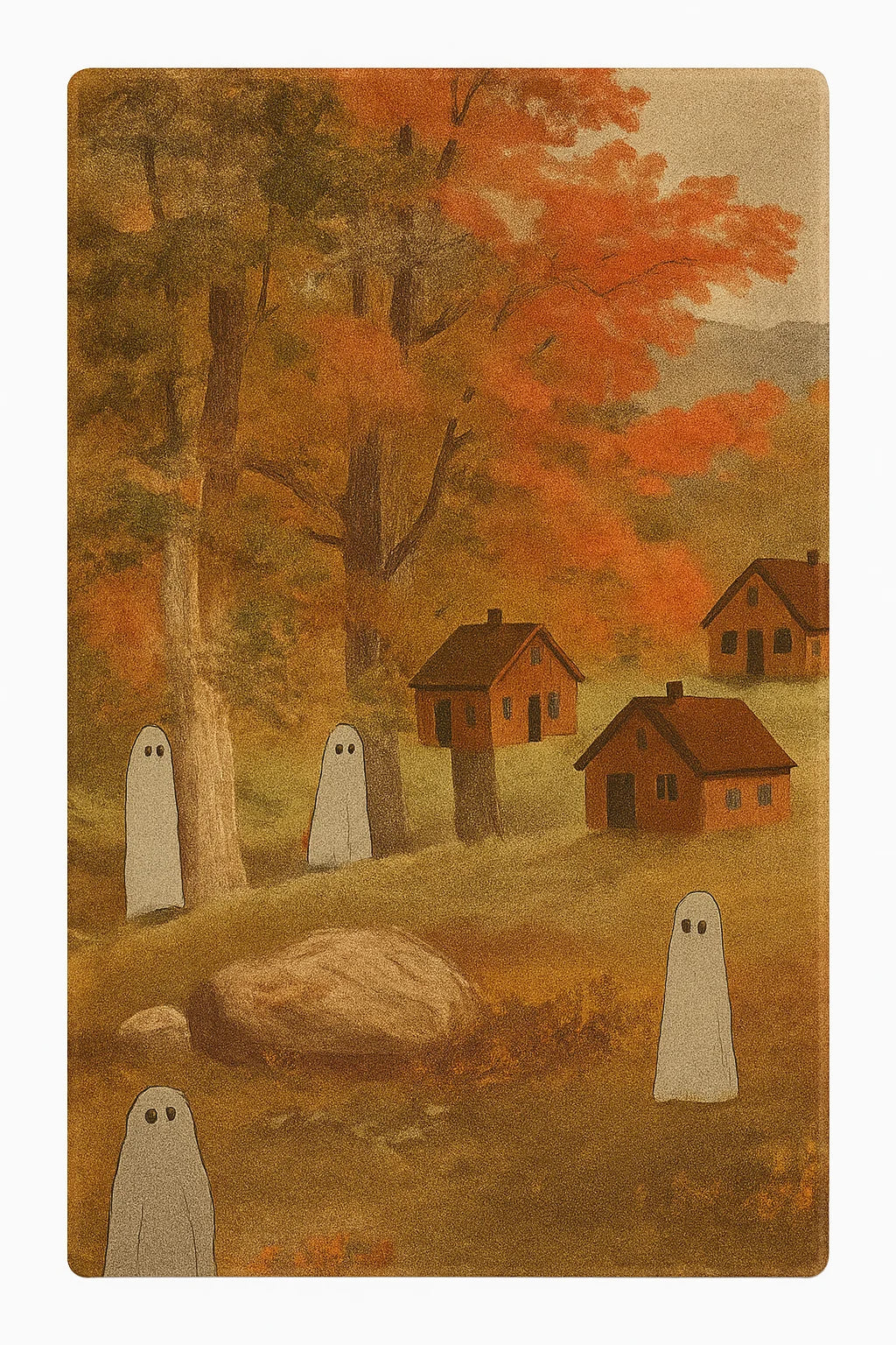 Haunted countryside rug with ghosts, cabins, and fall forest design.
