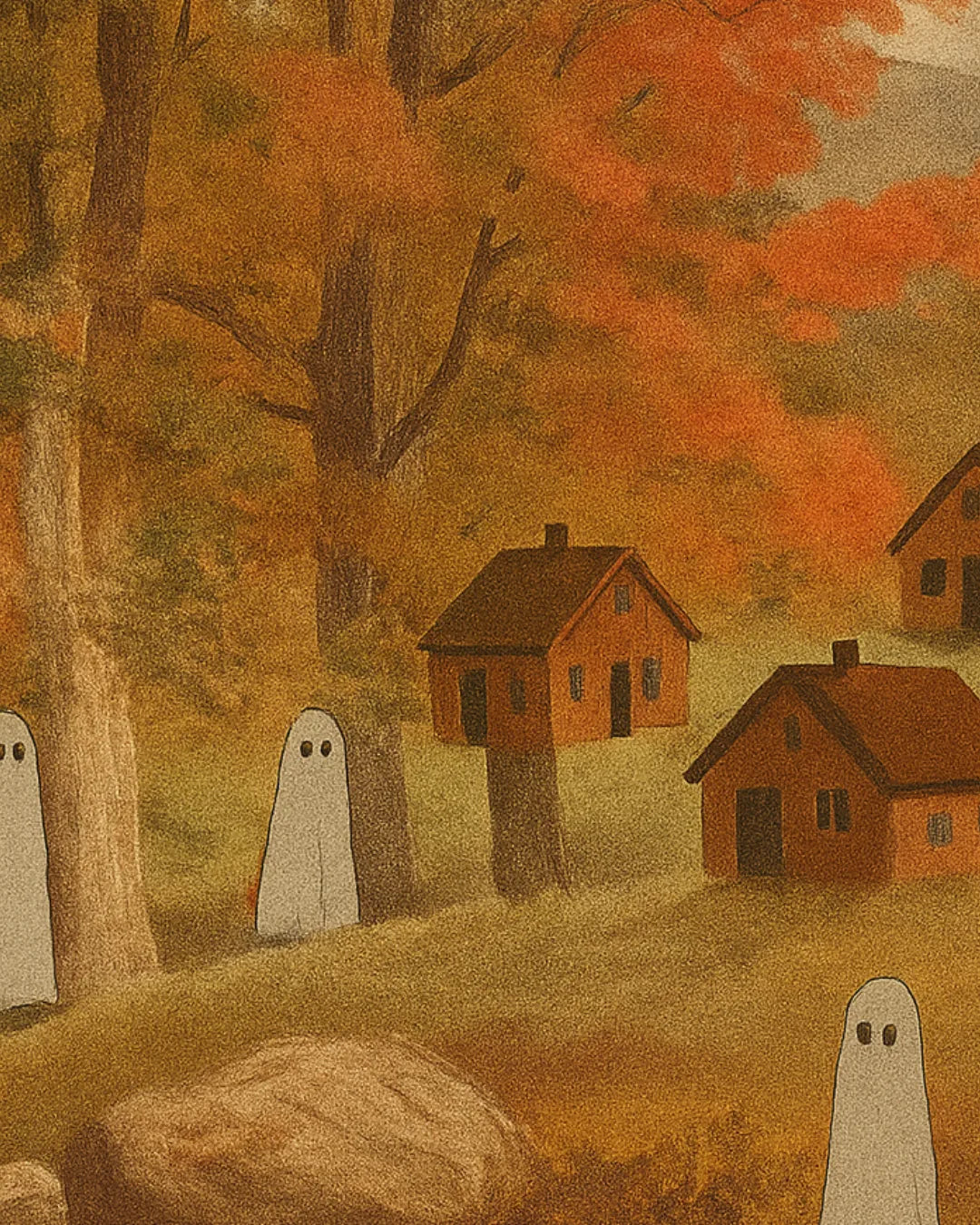 Autumn countryside rug with warm fall colors and haunted theme.