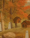 Autumn countryside scene with orange trees, small wooden houses, and simple white ghost figures