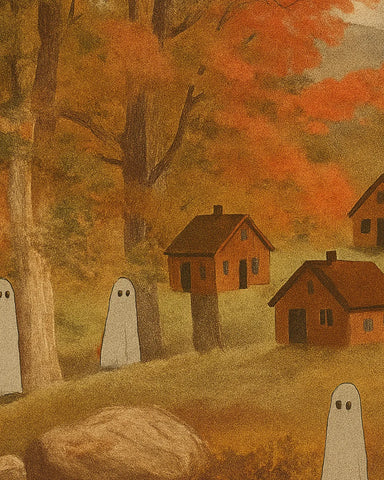 Autumn countryside rug with warm fall colors and haunted theme.