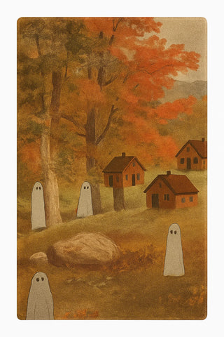 Haunted countryside rug with ghosts, cabins, and fall forest design.