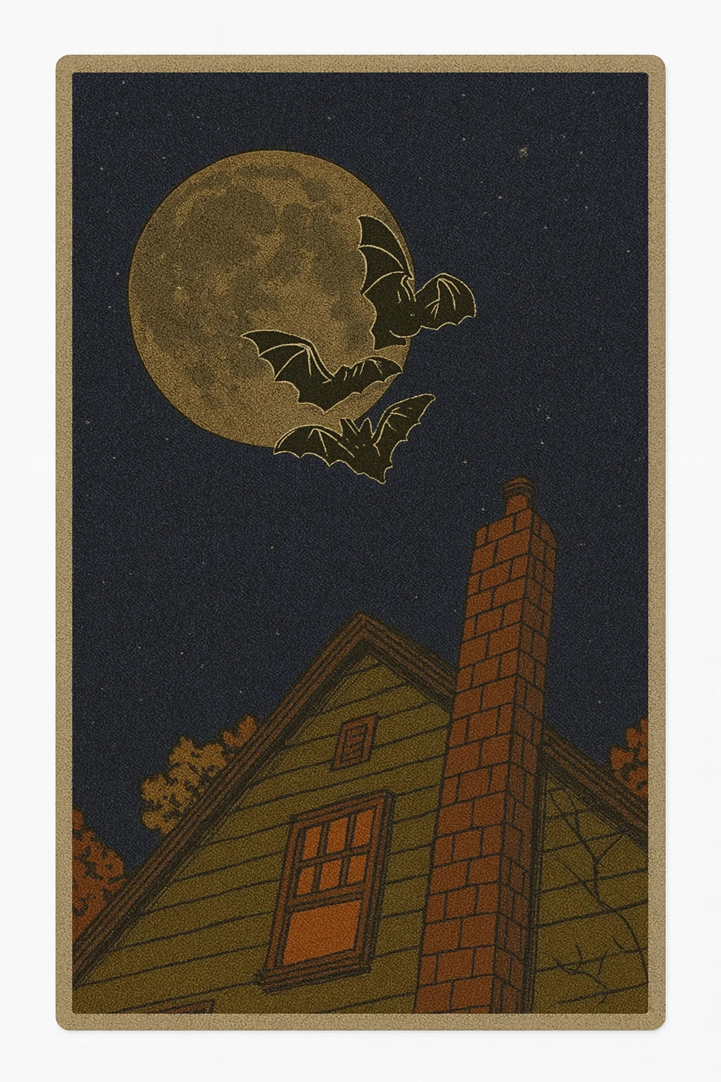 Halloween night rug with bats flying over full moon and haunted house.