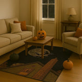 Living room with beige sofas, wooden table, Halloween pumpkins, and black rug with haunted house and bat design
