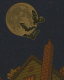 Haunted house at night with full moon and bats flying in dark starry sky