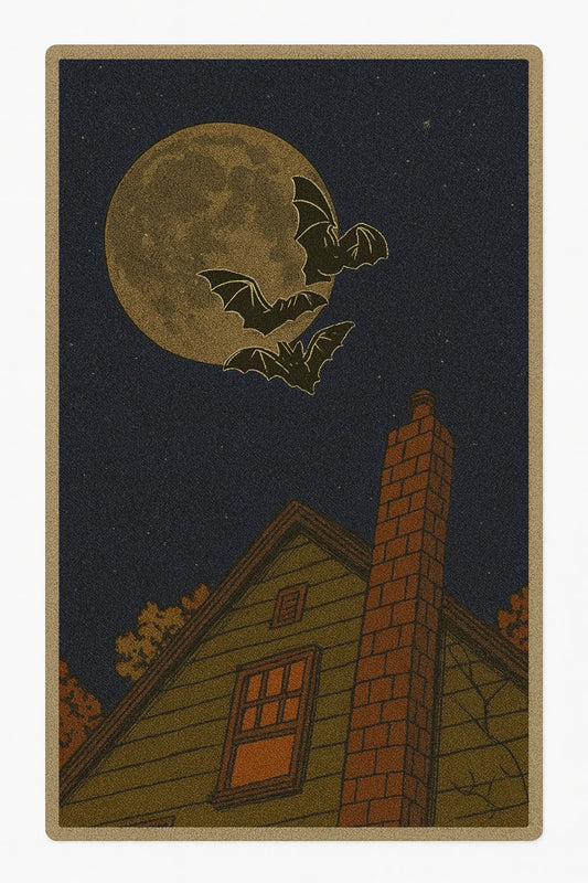 Halloween night rug with bats flying over full moon and haunted house.