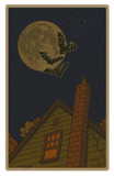 Halloween night scene with green house, brick chimney, full moon, and bats flying in dark sky