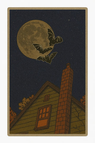 Halloween night rug with bats flying over full moon and haunted house.