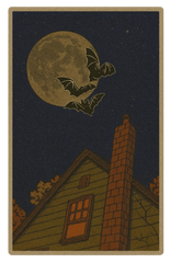 Halloween night rug with bats flying over full moon and haunted house.