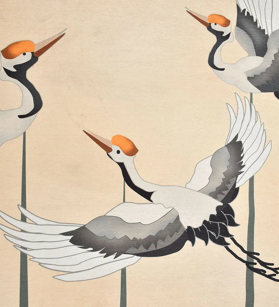 Low-profile ivory rug with colorful bird and botanical accents.