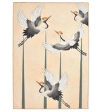 Ivory decorative rug featuring handwoven flying cranes with orange crests on beige background, luxury home decor