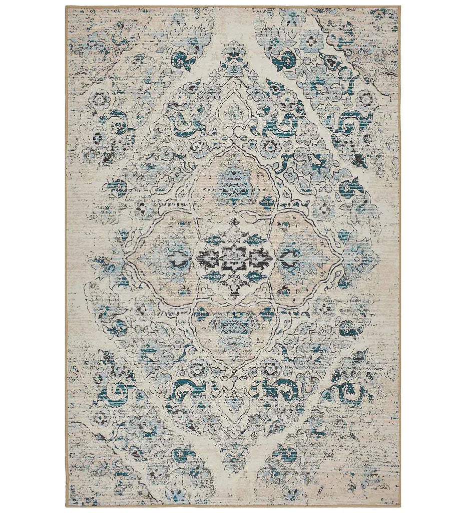Ivory distressed Persian design rug with vintage-inspired detailing.