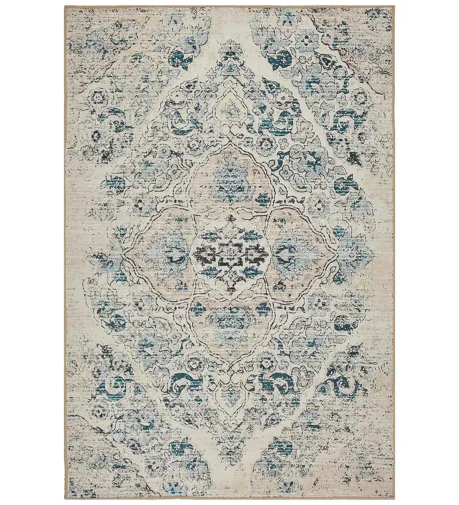Persion Distressed Rug Ivory distressed Persian design rug with faded teal and black floral ...