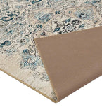 Ivory distressed Persian design rug with blue floral patterns and beige non-slip backing