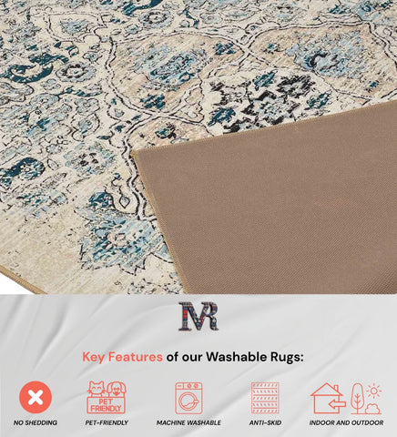 Washable vintage Persian rug in ivory and neutral tones.