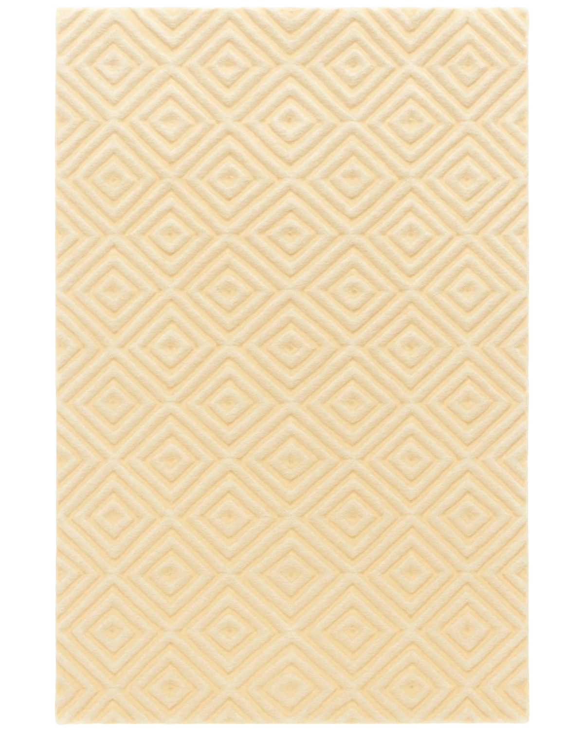 Ivory hand-tufted wool rug with layered diamond geometric pattern.